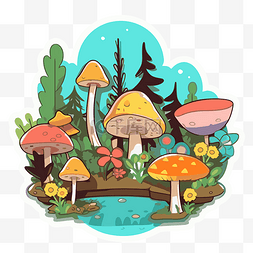 米色背景上带有蘑菇森林的贴纸 