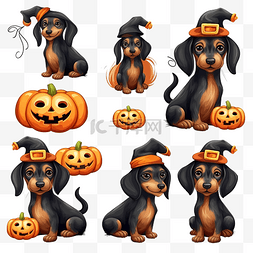 可爱小狗插图图片_可爱的卡通腊肠犬与万圣节定制和