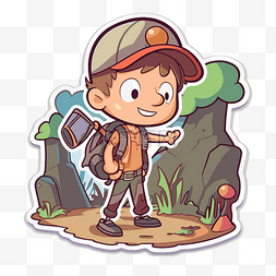 徒步素材图片_贴纸男孩背着背包在树林里徒步旅