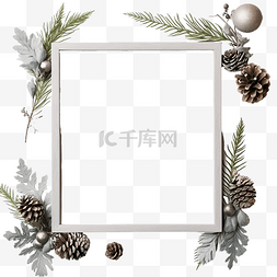 灰色木图片_圣诞长方形框架，由天然冬季物品