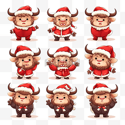 儿童集卡贴纸图片_设置可爱的水牛在圣诞服装卡通动