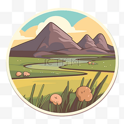 山上风景山乡村河水的圆形徽章 