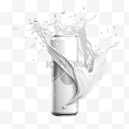白色罐头和水溅的 3D 渲染图像