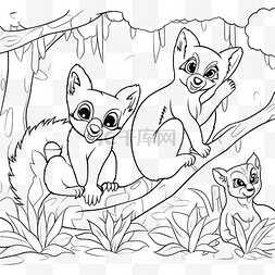 儿童着色书卡通狐猴家族在大自然