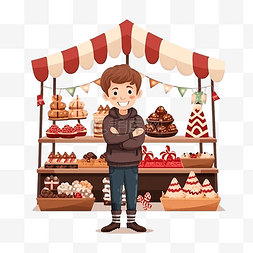 圣诞市场食品市场上，男孩站在甜