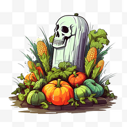 胡可回收垃圾桶图片_万圣节矢量插画的怪异墓碑和蔬菜