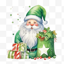 可爱装饰丝带图片_可爱的绿色圣诞圣诞老人袋水彩画