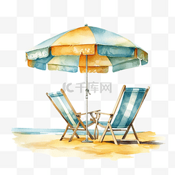 复古水彩沙滩伞带椅子 ai 生成