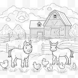 农场动物驴图片_彩色农场景观与可爱的动物教育着
