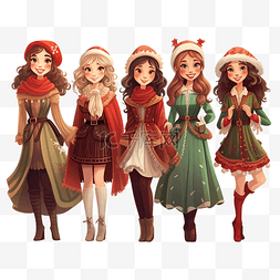 卡通红色礼服图片_一群穿着圣诞服装的女性角色被隔