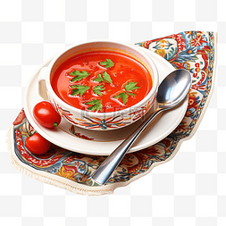 上汤蔬菜图片_墨西哥番茄汤用勺子放在桌布上