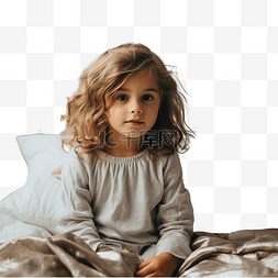 一个小女孩坐在床上，靠着一棵圣