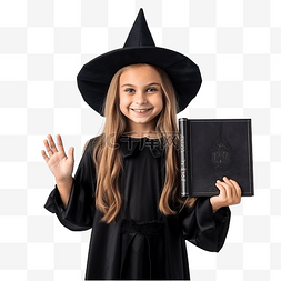 很凉爽图片_穿着女巫服装拿着一本巫术书在家