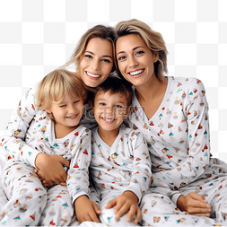 穿着睡衣的人图片_圣诞节早上，幸福的家庭母亲和孩