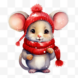 可爱的卡通圣诞老鼠在红帽子和围