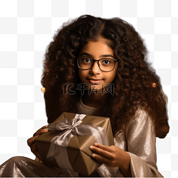 室内美国图片_圣诞树附近戴眼镜的印度女孩拿着