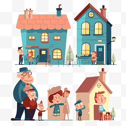 一家人卡通插画图片_邻居剪贴画一家人展示他们的房子