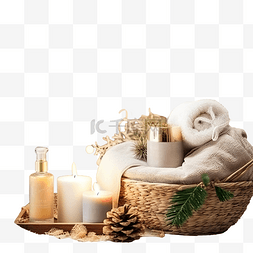 室内地中海图片_圣诞水疗组合物中的篮子美容产品