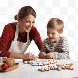 人们新奇图片_母亲和幼儿男孩在厨房做圣诞饼干