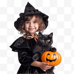 万圣节巫师帽南瓜图片_万圣节穿着女巫服装手里拿着黑猫