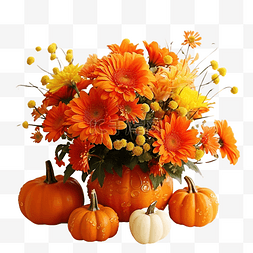 餐桌上的的花图片_感恩节餐桌装饰上橙色南瓜花束的