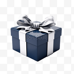有银色弓和丝带的深蓝色礼物盒