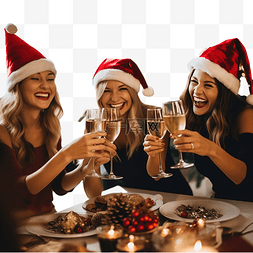 庆祝用酒图片_戴着圣诞老人帽子的朋友们在家里