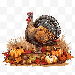 感恩节快乐，火鸡和收获作物矢量