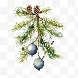 水彩圣诞树枝与圣诞饰品