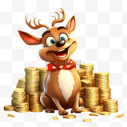 圣诞节驯鹿金图片_圣诞快乐卡通驯鹿与大钱硬币堆