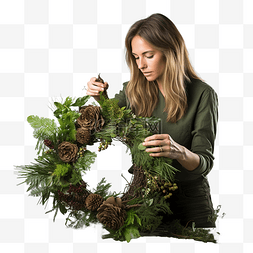 作業图片_女花匠用冷杉树枝制作圣诞花环