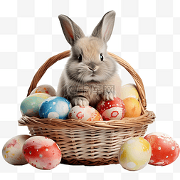 复活节兔子，篮子里有彩绘的鸡蛋