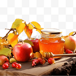 橙色的水果和蔬菜图片_秋季户外木桌上的苹果酱和水果