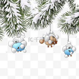 挂在树枝上的雪图片_下雪的冬日，有趣的圣诞树玩具挂