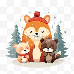 动物卡通冬季图片_可爱的圣诞贺卡，动物们在一起玩