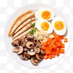 k卡路里图片_盘子早餐菜单，包括鸡蛋鸡肉香肠