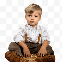 乡间的小田图片_穿着绣花衬衫的小男孩坐在装饰工