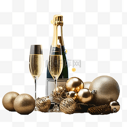 圣诞树表面木桌上放着一瓶香槟，