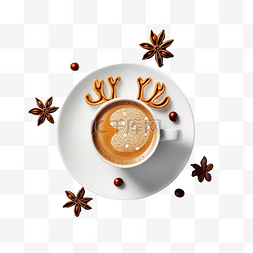 红色咖啡杯咖啡杯图片_以鹿为特色的圣诞菜肴和一杯咖啡