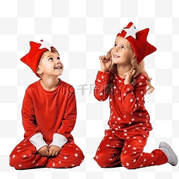 快乐可爱的小男孩和女孩穿着红色
