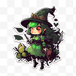 贴纸上有一个漂亮的小女巫，绿色