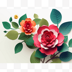 山茶花水图片_矢量纸玫瑰 3d 插图与叶