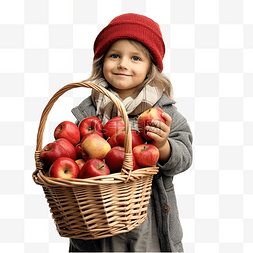 苹果的叶子图片_秋天户外拿着苹果篮子的孩子