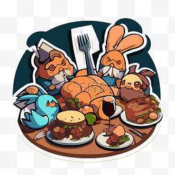 卡通桌子食物图片_兔子和火鸡正在桌子上提供食物，
