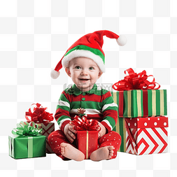 红绿色圣诞树图片_穿着红绿色精灵服装的男婴坐在圣