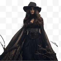 黑化特效图片_穿着长裙和黑眼睛的黑女巫站在秋