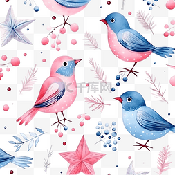 圣诞无缝图案与蓝色和粉红色的鸟