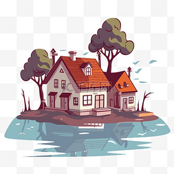 岛上房屋的洪水剪贴画插图，带有