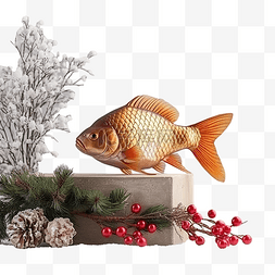 石桌上的圣诞鲤鱼，上面有树木和
