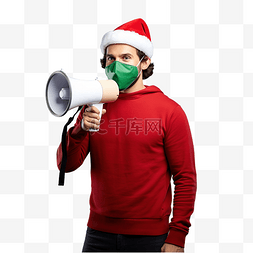 拿着喇叭的男人图片_戴着圣诞帽戴着绿色扩音器的面罩